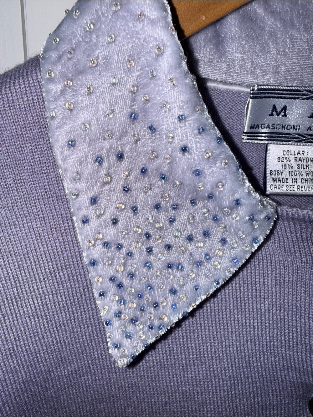 Magaschoni Lavender Wool Cardigan Beaded rayon silk  Collar Vintage Y2K - Picture 11 of 17